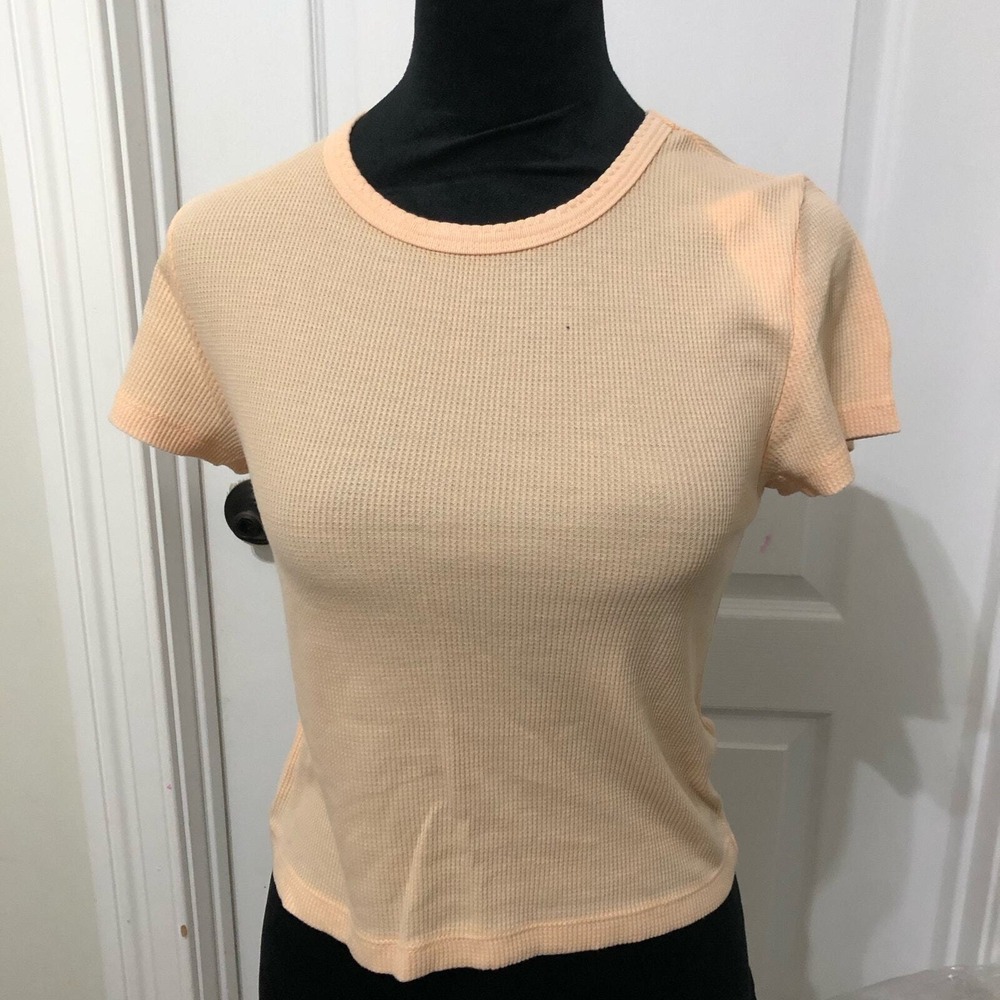 Aerie Womens Waffle Knit Short Sleeve Top Peach Orange Crew Neck‎ Size M Thermal